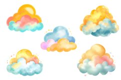 Cute Watercolor Cartoon Clouds Clipart Set PNG Product Image 4