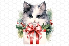 Cute Watercolor Christmas Cat Clipart Sublimation