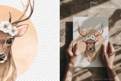 Hand-drawn Watercolor Deer Floral Portrait PNG Illustration Product Image 1