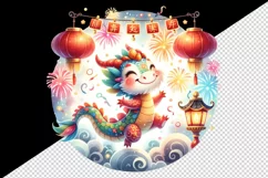 Cute watercolor dragon dancing amidst fireworks lantern circular print 20 oz tumbler skinny mug wrap clipart t-shirt sublimation printable design