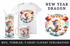 Cute watercolor dragon dancing amidst fireworks lantern circular print 20 oz tumbler skinny mug wrap clipart t-shirt sublimation printable design