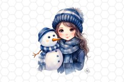Cute Watercolor Girl and Snowman clipart