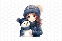 Cute Watercolor Girl and Snowman clipart