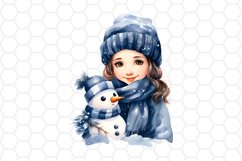 Cute Watercolor Girl and Snowman clipart