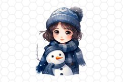 Cute Watercolor Girl and Snowman clipart