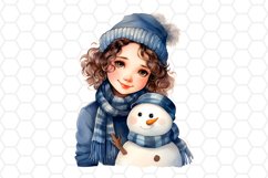 Cute Watercolor Girl and Snowman clipart