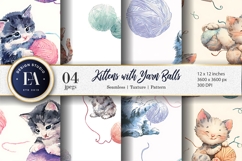 Cute Playful Cats with Yarn Balls Watercolor Digital Paper Product Image 1