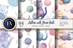 Kittens Playing Yarn Balls Watercolor Seamless Digital Paper Product Image 1