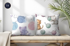 Kittens Playing Yarn Balls Watercolor Seamless Digital Paper Product Image 2