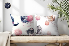 Cute Playful Cats with Yarn Balls Watercolor Digital Paper Product Image 2