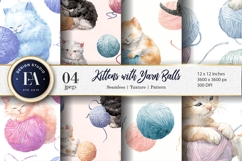 Watercolor Kittens with Yarn Balls Seamless Digital Paper Product Image 1
