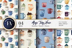Hand-Painted Tiny House Mugs Digital Paper Product Image 1