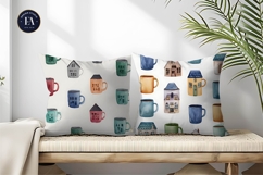 House Shaped Mug Watercolor Seamless Art Digital Paper Product Image 2