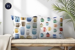 Cute Watercolor Mugs Tiny House Seamless Digital Paper Product Image 2