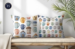 Cute Watercolor Mugs Tiny House Seamless Digital Paper Product Image 2
