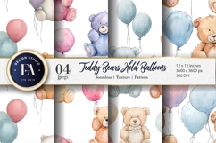 Hand-Painted Teddy Bears Balloons Watercolor Digital Paper Product Image 1