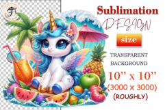 Cute winged unicorn with tropical flowers and a fruity cocktail at a beach party, surrounded by summer fruits like orange, pineapple, and watermelon, perfect for sublimation or summer-themed crafts.