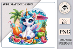 Cute winged unicorn with tropical flowers and a fruity cocktail at a beach party, surrounded by summer fruits like orange, pineapple, and watermelon, perfect for sublimation or summer-themed crafts.