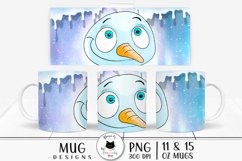 winter sublimation design with a cute snowman illustration shown on mugs