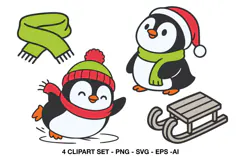 Cute winter penguin clipart with scarf Santa hat and sled