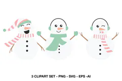 Cute winter snowman clipart with three cheerful pastel snowman characters