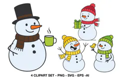 Cute winter snowman illustrations wearing colorful hats and scarves with cheerful seasonal expressions.