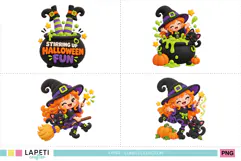 Cute witch and black cat Halloween designs for children’s apparel