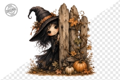 Cute Witch Girl Behind Rustic Fence Watercolor PNG Product Image 1