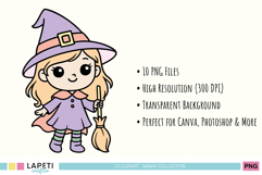 Cute little witch girl in purple dress holding a broom, pastel kawaii Halloween clipart.