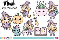 Cute little witch girl in purple dress holding a broom, pastel kawaii Halloween clipart.