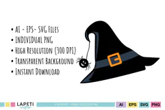 Witch hat PNG and SVG graphics with buckles dots and spider details