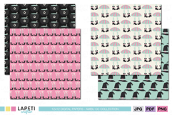 Kawaii witch hat and skirt seamless digital papers in pink and mint colors, perfect for scrapbooking projects.
