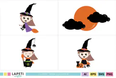 Cute witch illustrations in classic Halloween colors