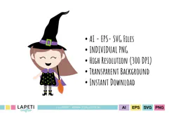 Cute witch clipart with black pointed hat purple cape and orange broom