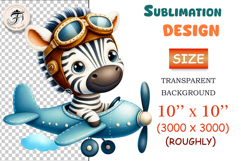 Cute cartoon zebra pilot flying a vintage airplane, watercolor sublimation clipart for kids, nursery decor, stickers, t-shirts, and greeting cards.