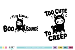 Four cute zombie llama Halloween designs with bold black lettering