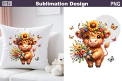 Cute Highland Cow Sunflowers Sublimation| Baby Cow Clipart Product Image 1