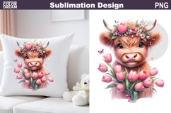Cute Highland Cow Tulip Sublimation | Baby Cow Clipart Product Image 1