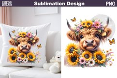 Cute Highland Cow Sunflowers Sublimation| Baby Cow Clipart Product Image 1
