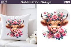 Cute Highland Cow Roses Sublimation | Baby Cow Clipart Product Image 1