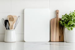 White Vertical Cutting Board Mockup with Kitchen Utensils Product Image 1