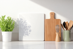 White Vertical Cutting Board Mockup with Kitchen Utensils Product Image 1