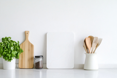 White Vertical Cutting Board Mockup with Kitchen Utensils Product Image 1