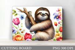 Cute Sloth Cutting Board. Sloth Flowers Cutting Board Design Product Image 1