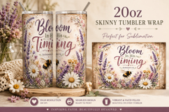 Bloom In His Timing Tumbler Wrap PNG, Christian Bee 20oz Product Image 1
