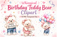Cute Birthday Teddy Bear Clipart, Pink Bear PNG Product Image 1