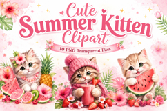 Cute Summer Kitten Clipart, Watercolor Cat PNG Product Image 1