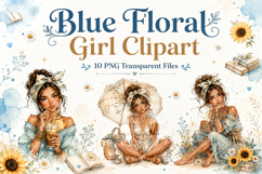 Blue Floral Girl Clipart, Cute Watercolor Girl PNG, Boho Flo Product Image 1