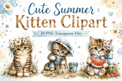 Cute Summer Kitten Clipart, Watercolor Cat PNG Product Image 1