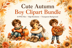 Cute Autumn Boy Clipart Bundle, Watercolor Fall Boy PNG Product Image 1